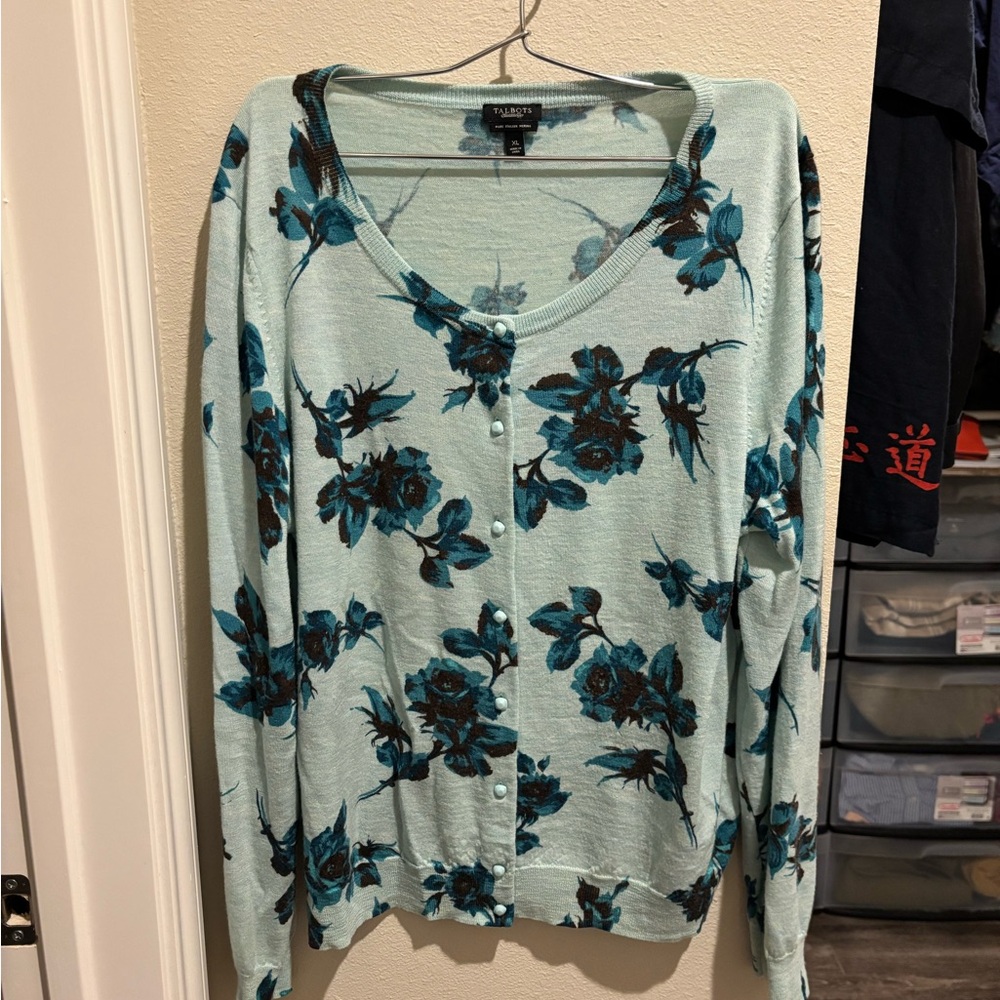 Talbots 100% Pure Italian Merino Wool Floral Teal Cardigan Size XL
